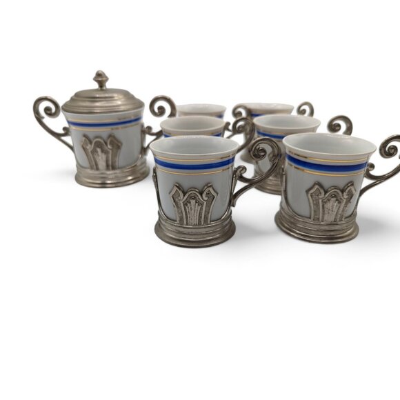 Rare Vintage E P Zinc Italy 6  Espresso Cups and Sugar Bowl from ITALY - Picture 5 of 14